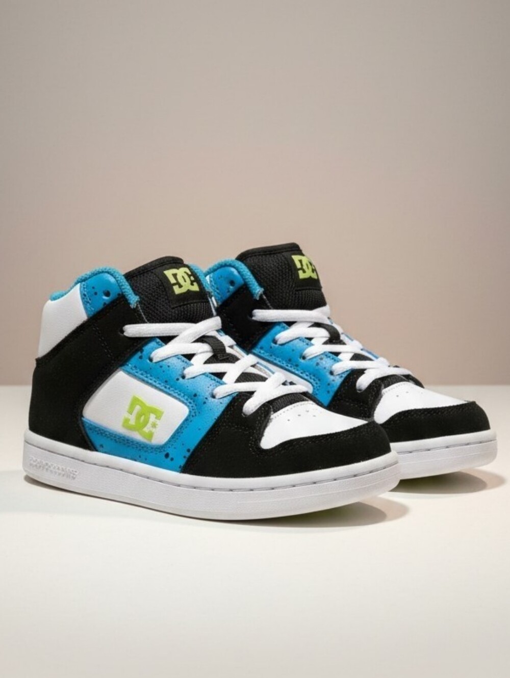 DC Kids High-Top Sneakers in Black, White & Blue with Neon Green Logo Size 12C